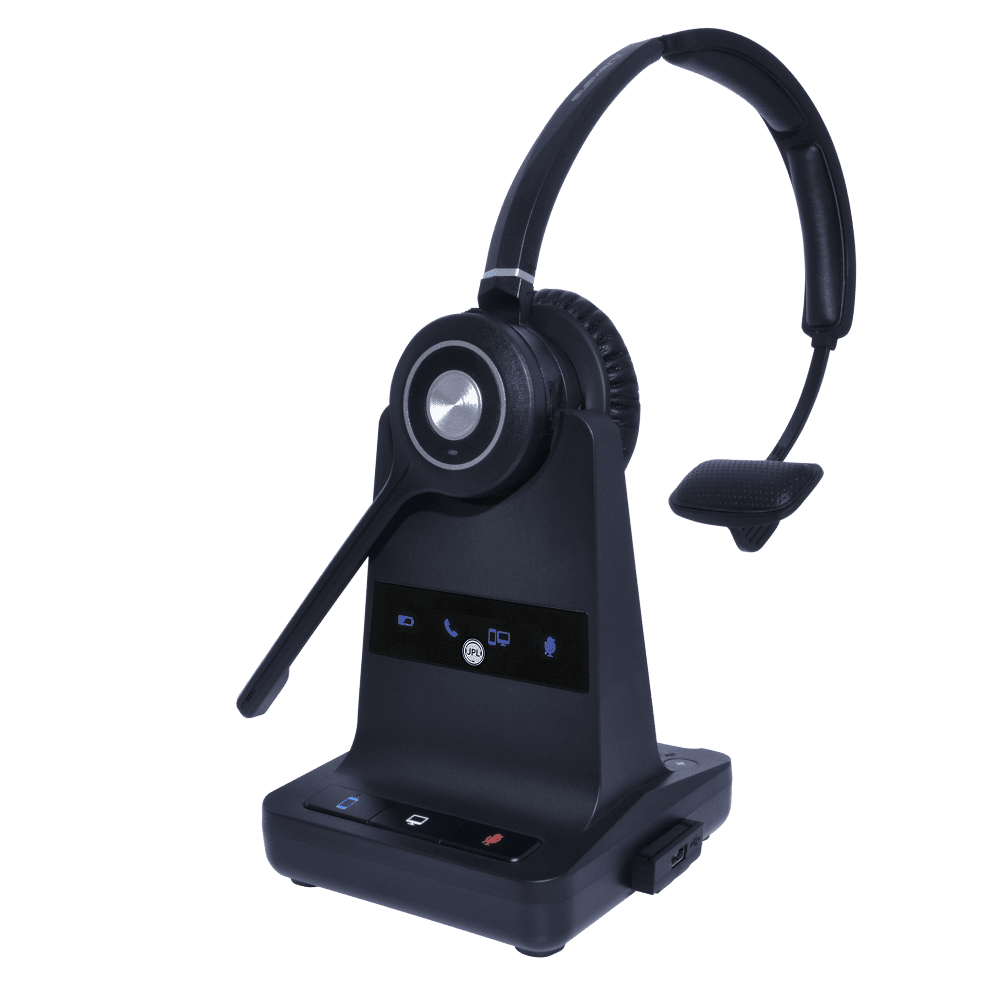 Monaural JPL Explore dect wireless headset mounted on a USB base station
