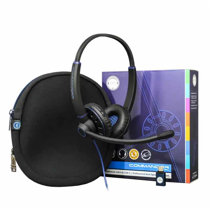 JPL Commander 2 USB headset displayed with box and carry case