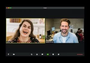 screenshot of a video conference between a man and a woman